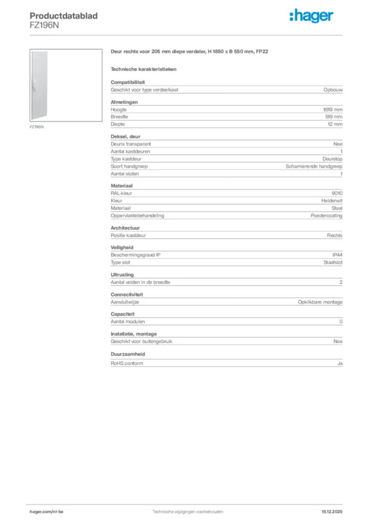Afbeelding Hager Productdatablad FZ196N | Hager Belgium