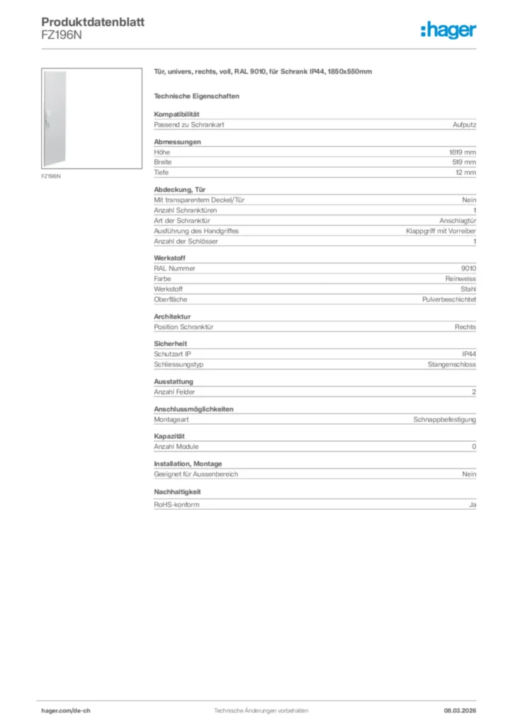 Bild Hager Produktdatenblatt FZ196N | Hager Schweiz