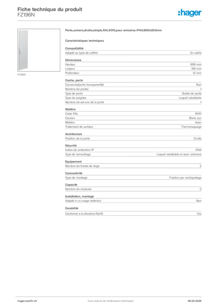 Image Hager Fiche technique du produit FZ196N | Hager Suisse