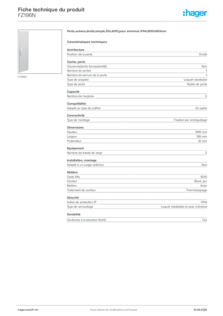 Image Hager Fiche technique du produit FZ196N | Hager Suisse