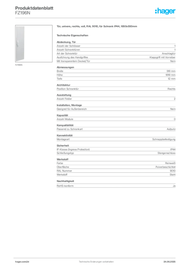 Bild Hager Produktdatenblatt FZ196N | Hager Deutschland