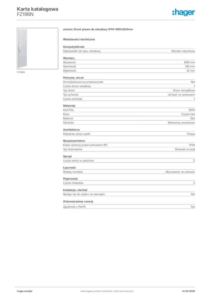 Zdjęcie Hager Karta katalogowa FZ196N | Hager Polska