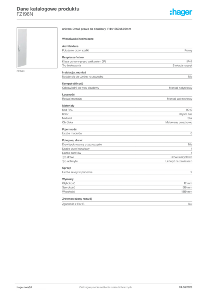 Zdjęcie Hager Karta katalogowa FZ196N | Hager Polska