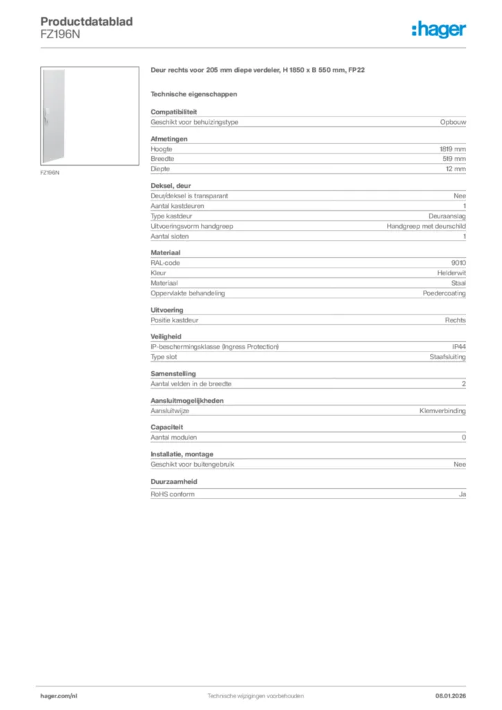 Afbeelding Hager Productdatablad FZ196N | Hager Nederland