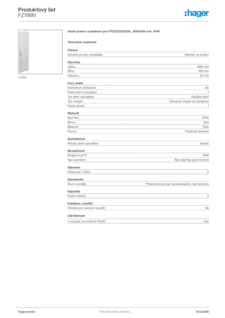Obrázek Hager Produktový list FZ196N | Hager
