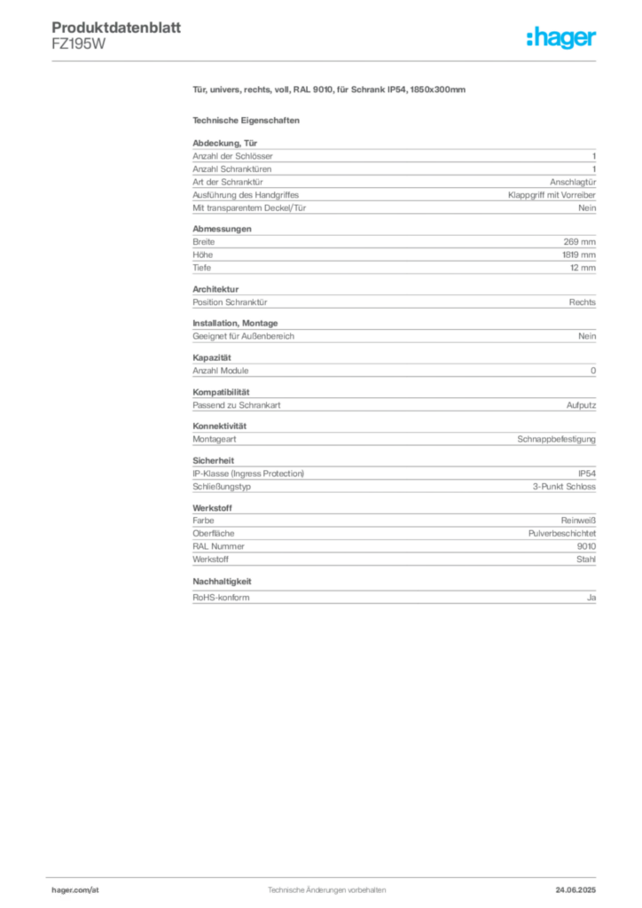 Bild Hager Produktdatenblatt FZ195W | Hager Deutschland