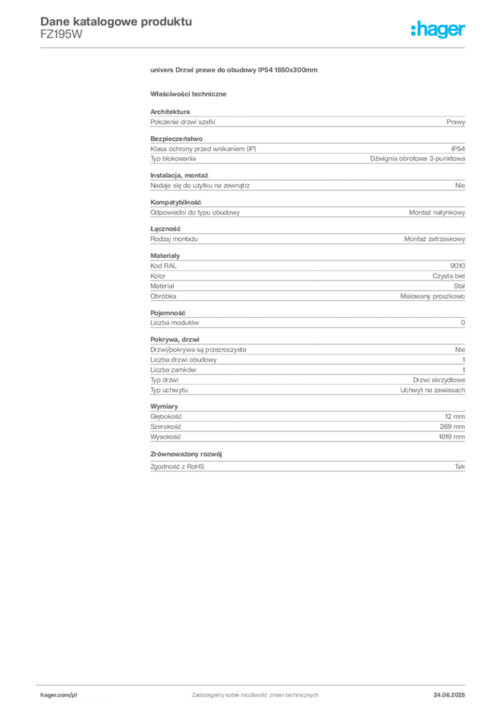 Zdjęcie Hager Karta katalogowa FZ195W | Hager Polska