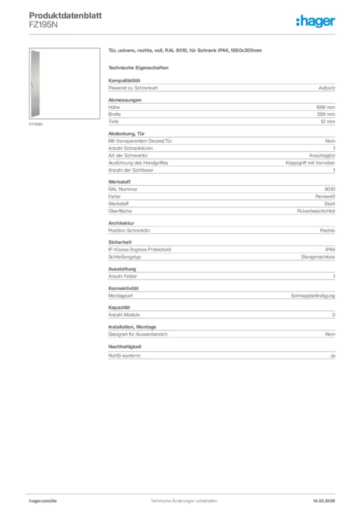 Bild Hager Produktdatenblatt FZ195N | Hager Deutschland