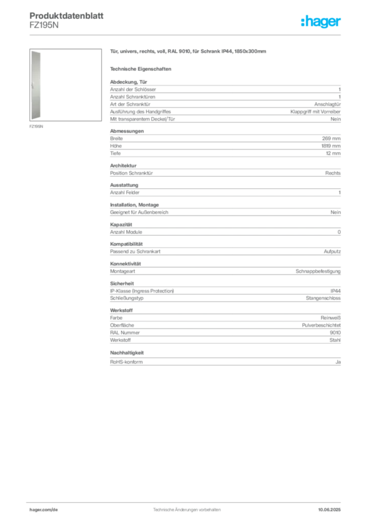 Bild Hager Produktdatenblatt FZ195N | Hager Deutschland