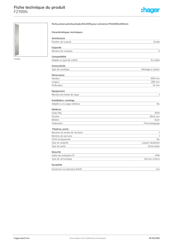Image Hager Fiche technique du produit FZ195N | Hager Belgique