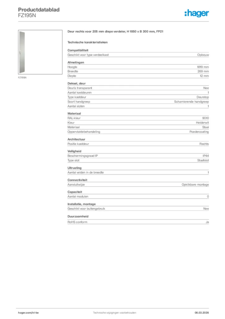 Afbeelding Hager Productdatablad FZ195N | Hager Belgium