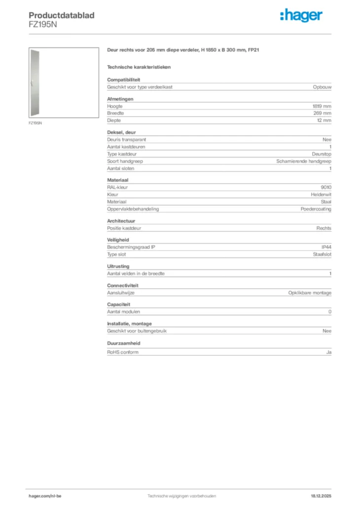 Afbeelding Hager Productdatablad FZ195N | Hager Belgium