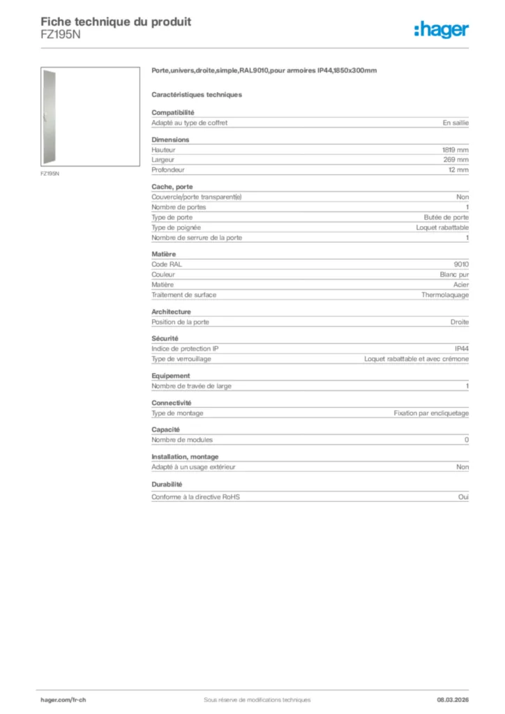 Image Hager Fiche technique du produit FZ195N | Hager Suisse