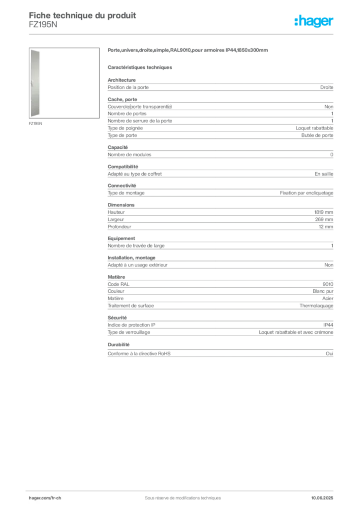 Image Hager Fiche technique du produit FZ195N | Hager Suisse