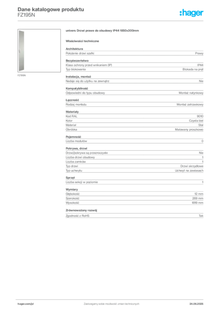 Zdjęcie Hager Karta katalogowa FZ195N | Hager Polska