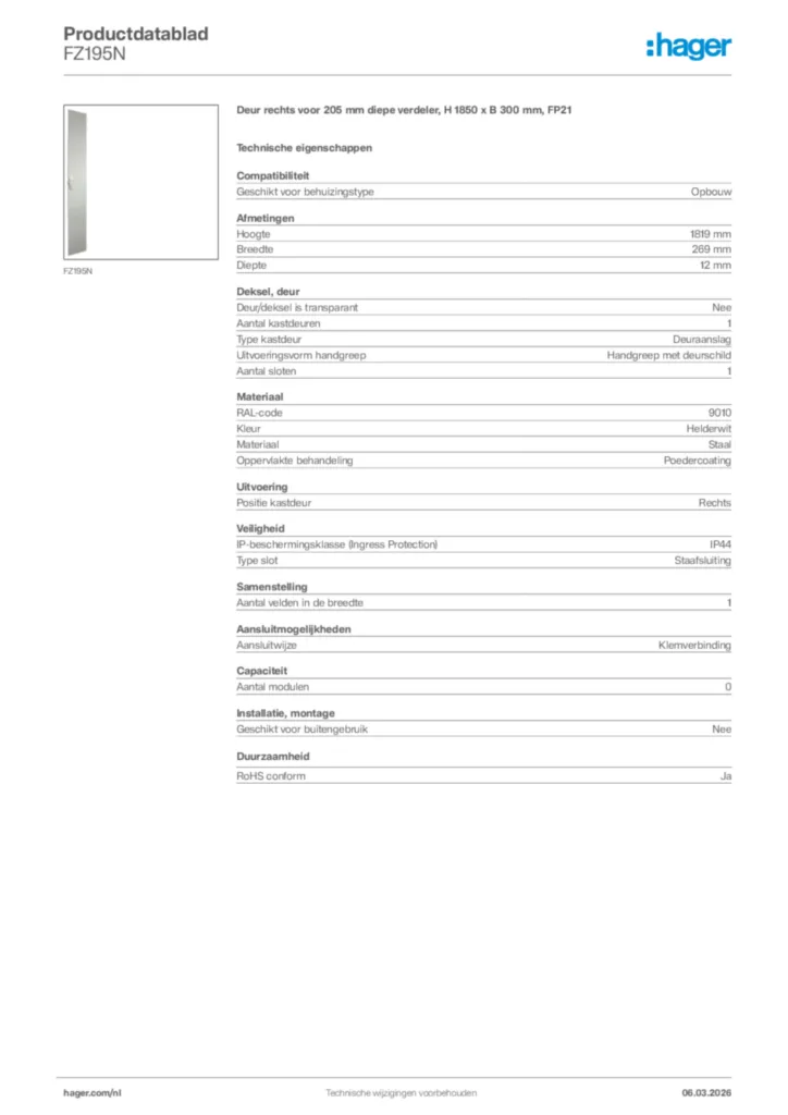 Afbeelding Hager Productdatablad FZ195N | Hager Nederland