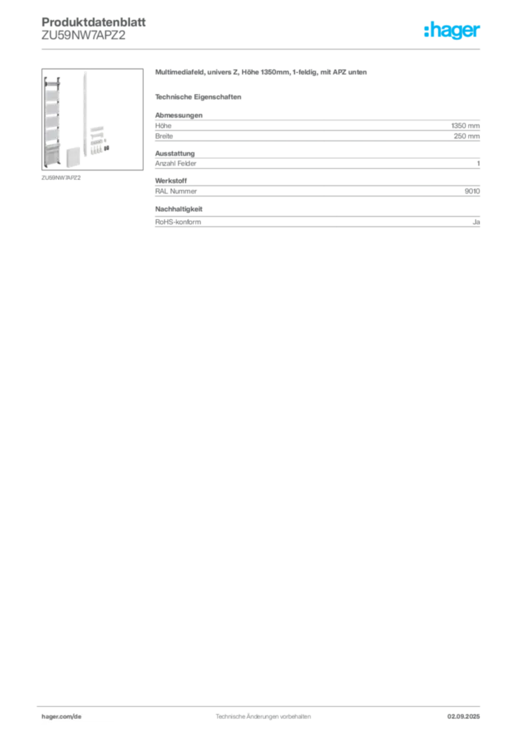 Hager Produktdatenblatt ZU59NW7APZ2