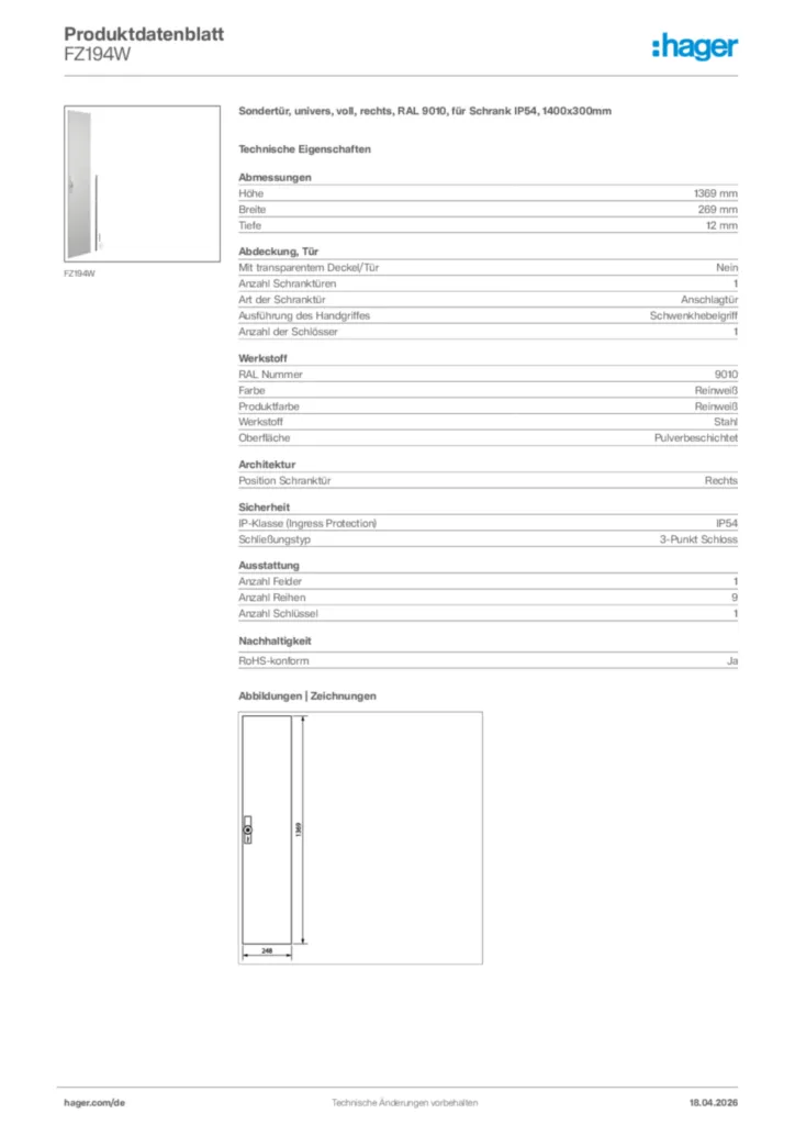Bild Hager Produktdatenblatt FZ194W | Hager Deutschland