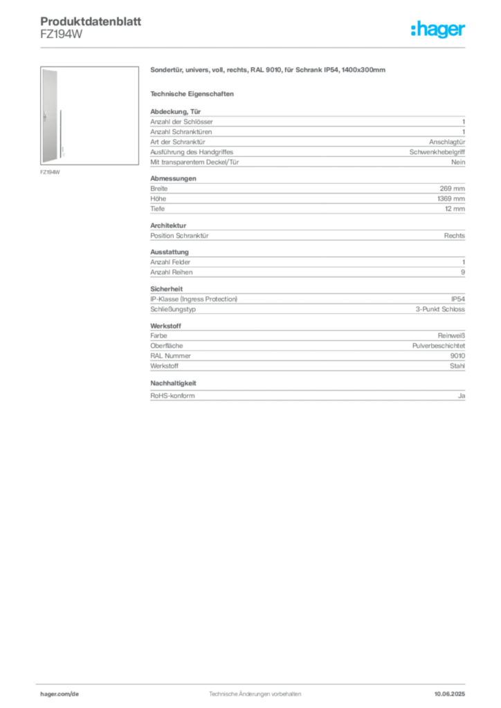 Hager Produktdatenblatt FZ194W