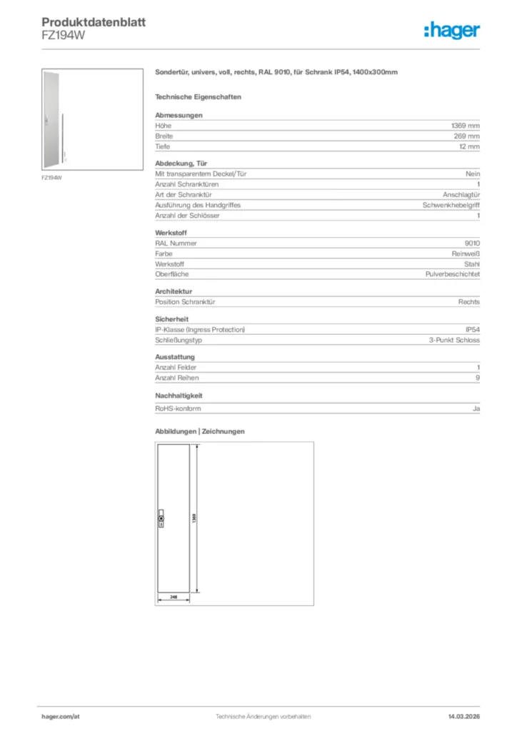 Bild Hager Produktdatenblatt FZ194W | Hager Deutschland