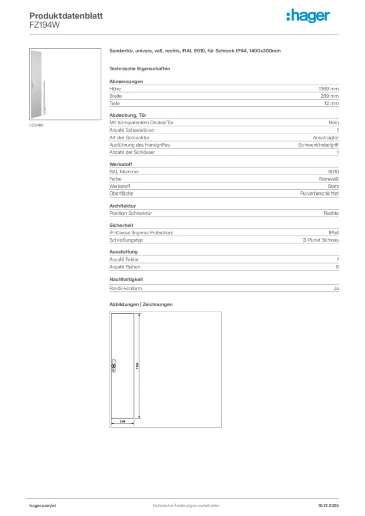 Bild Hager Produktdatenblatt FZ194W | Hager Deutschland