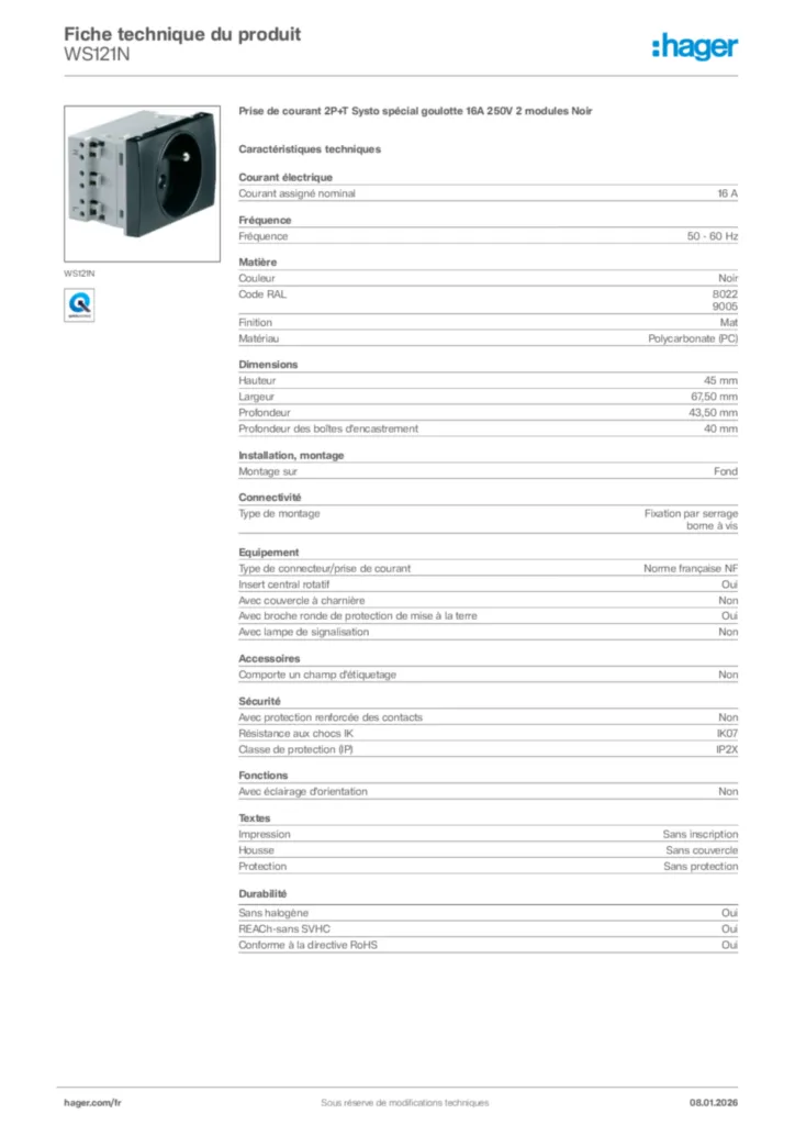 Image Hager Fiche technique du produit WS121N | Hager France