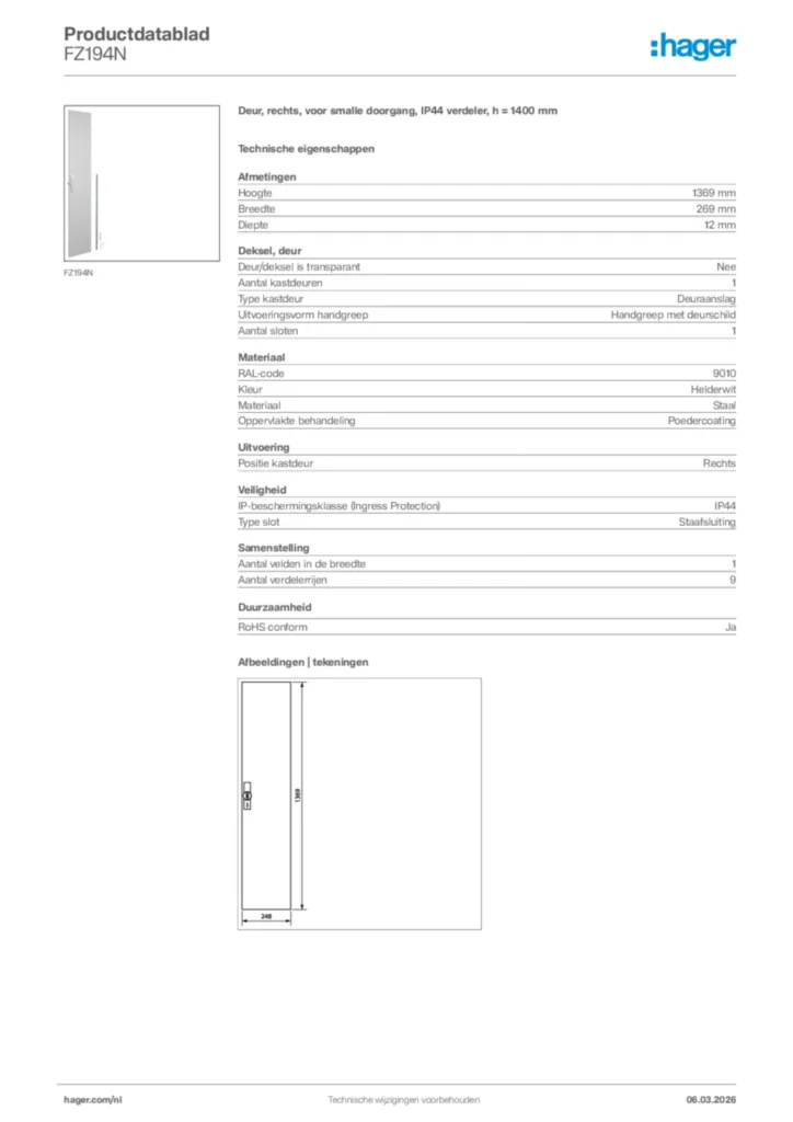 Afbeelding Hager Productdatablad FZ194N | Hager Nederland