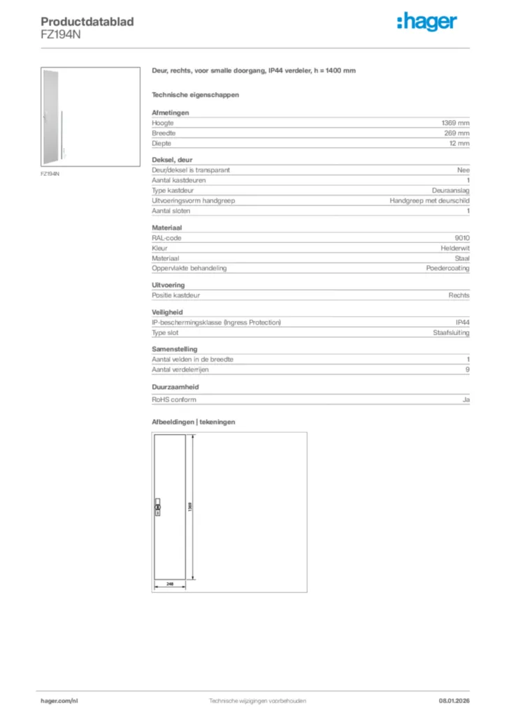 Afbeelding Hager Productdatablad FZ194N | Hager Nederland
