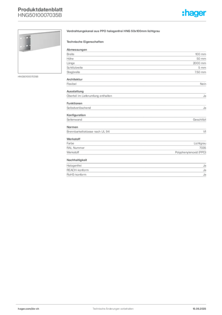 Bild Hager Produktdatenblatt HNG5010007035B | Hager Schweiz