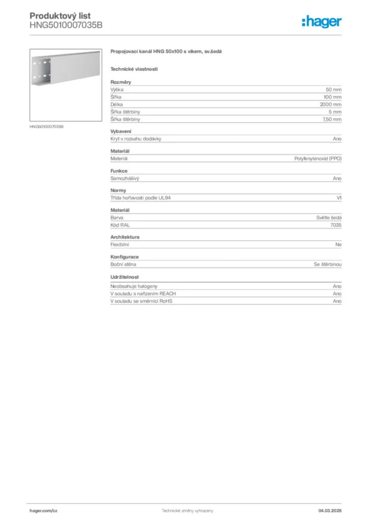Obrázek Hager Product data sheet HNG5010007035B | Hager