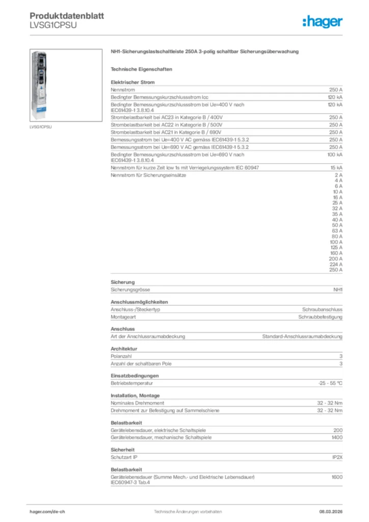 Bild Hager Produktdatenblatt LVSG1CPSU | Hager Schweiz