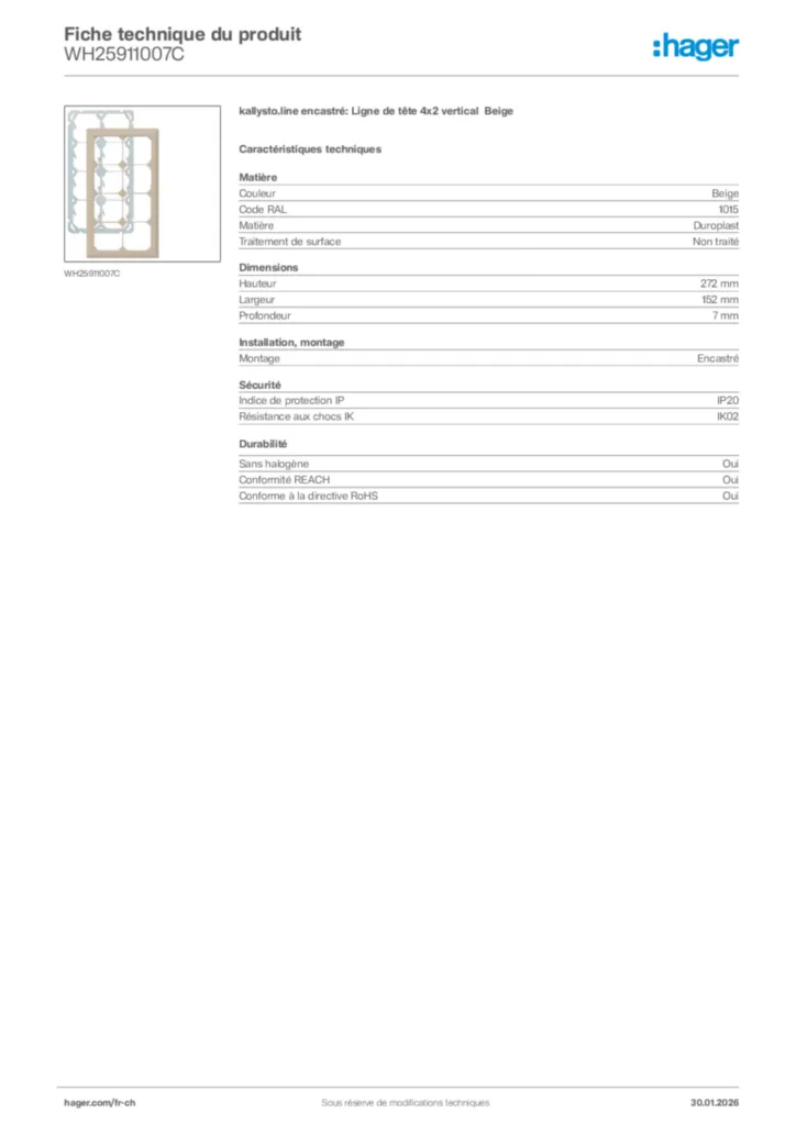 Image Hager Fiche technique du produit WH25911007C | Hager Suisse