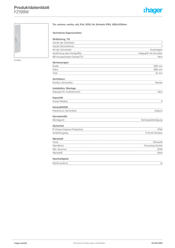 Bild Hager Produktdatenblatt FZ199W | Hager Deutschland
