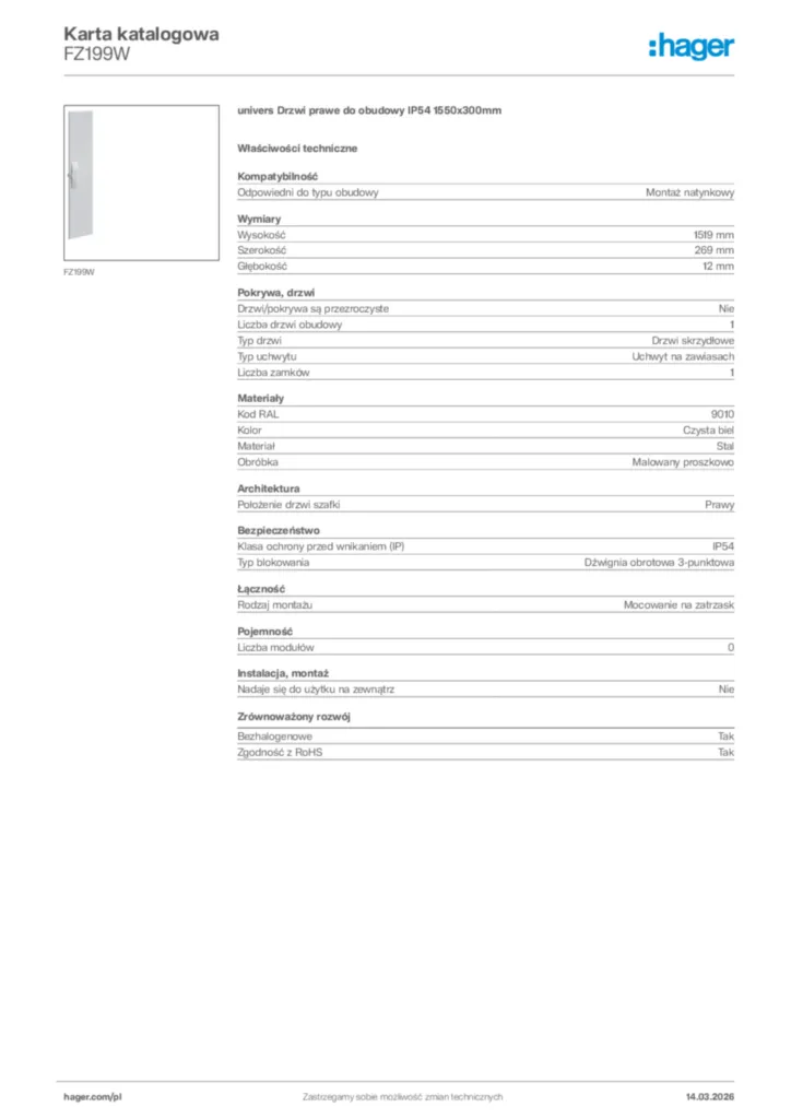 Zdjęcie Hager Karta katalogowa FZ199W | Hager Polska