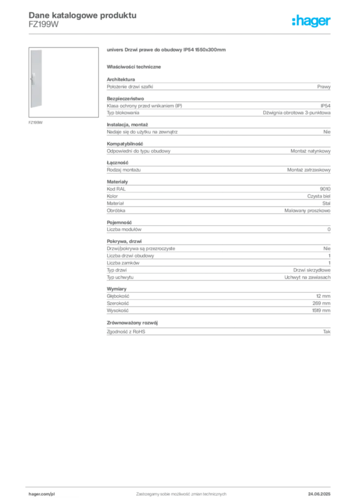 Zdjęcie Hager Karta katalogowa FZ199W | Hager Polska