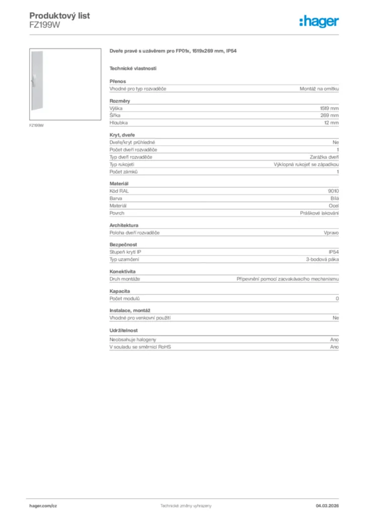 Obrázek Hager Product data sheet FZ199W | Hager