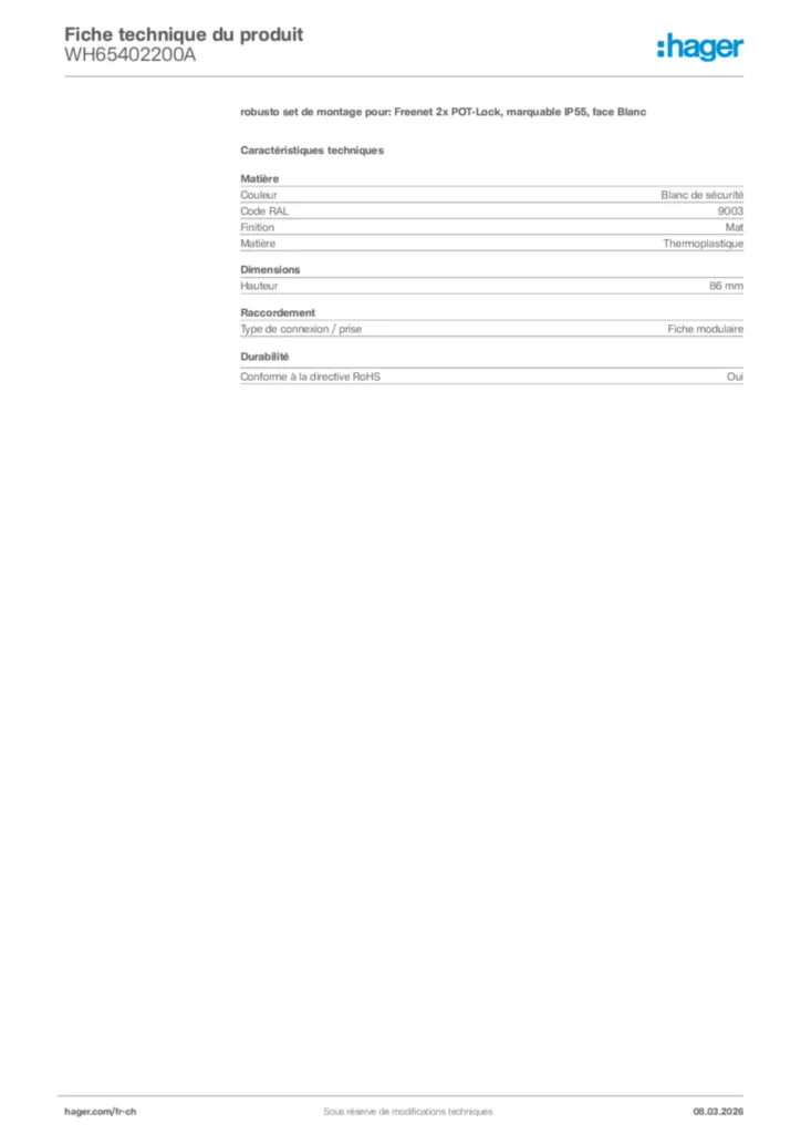 Image Hager Fiche technique du produit WH65402200A | Hager Suisse