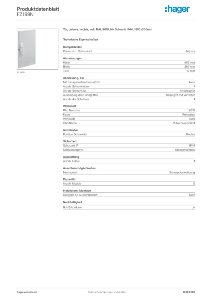 Bild Hager Produktdatenblatt FZ199N | Hager Schweiz