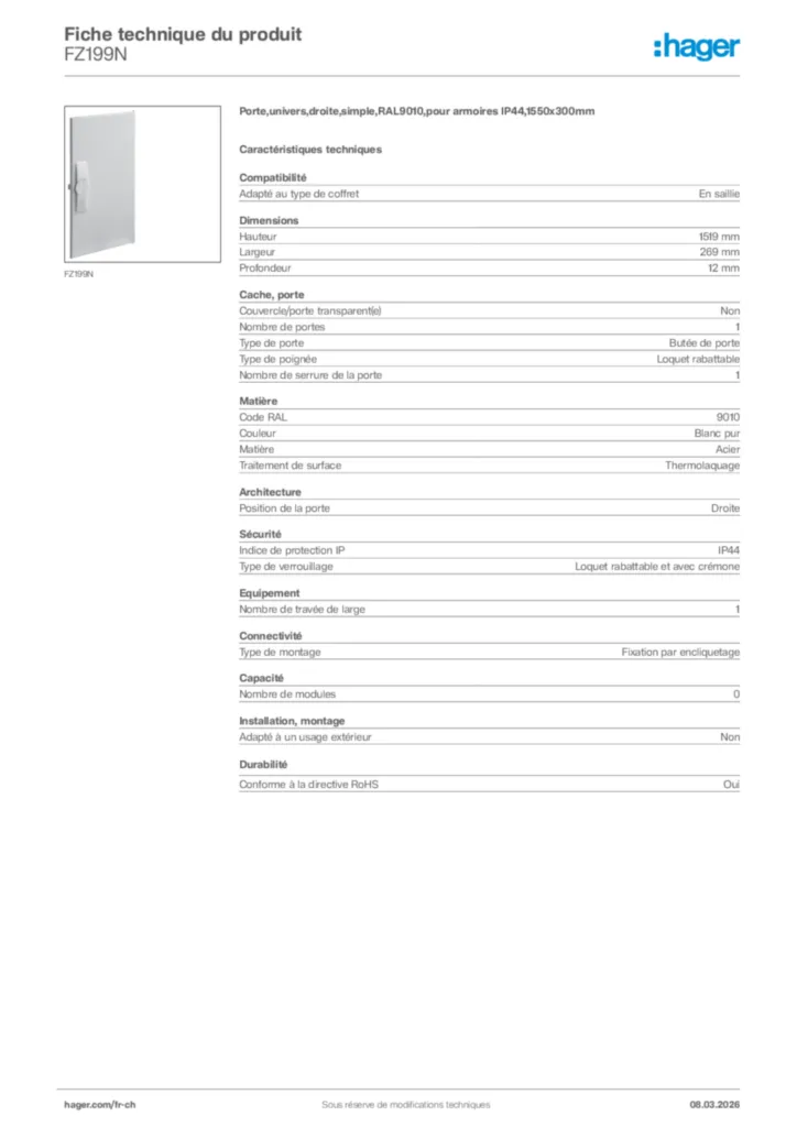 Image Hager Fiche technique du produit FZ199N | Hager Suisse