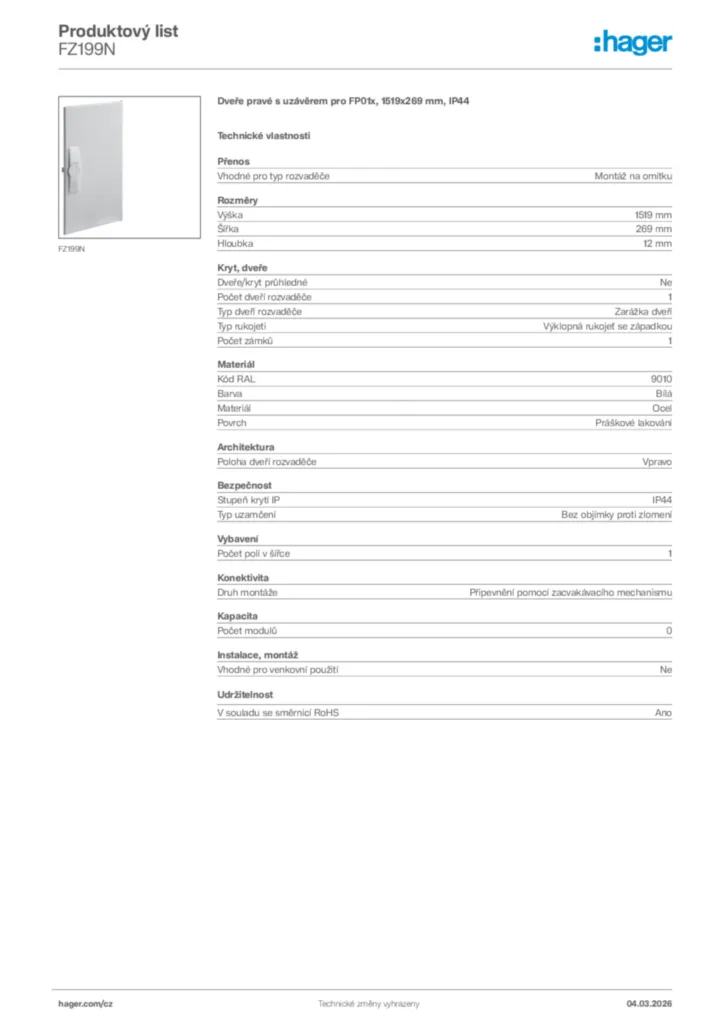 Obrázek Hager Product data sheet FZ199N | Hager