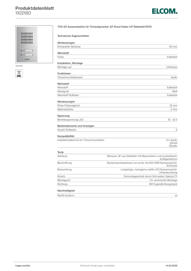 Bild Elcom Produktdatenblatt 1102180 | Hager Deutschland