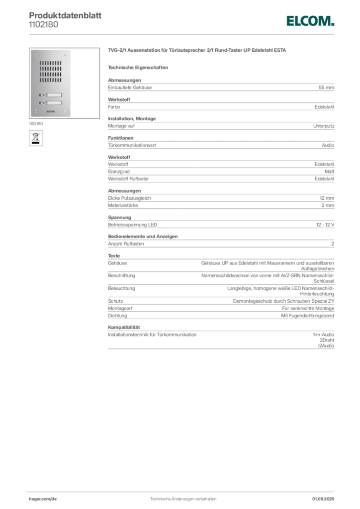 Bild Elcom Produktdatenblatt 1102180 | Hager Deutschland