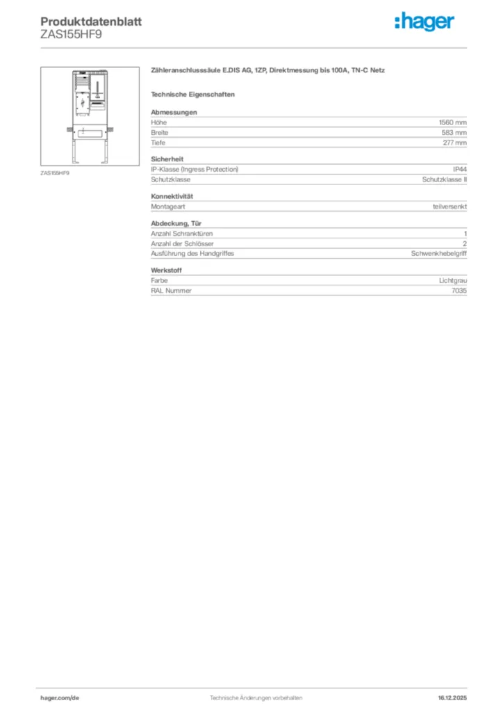 Bild Hager Produktdatenblatt ZAS155HF9 | Hager Deutschland