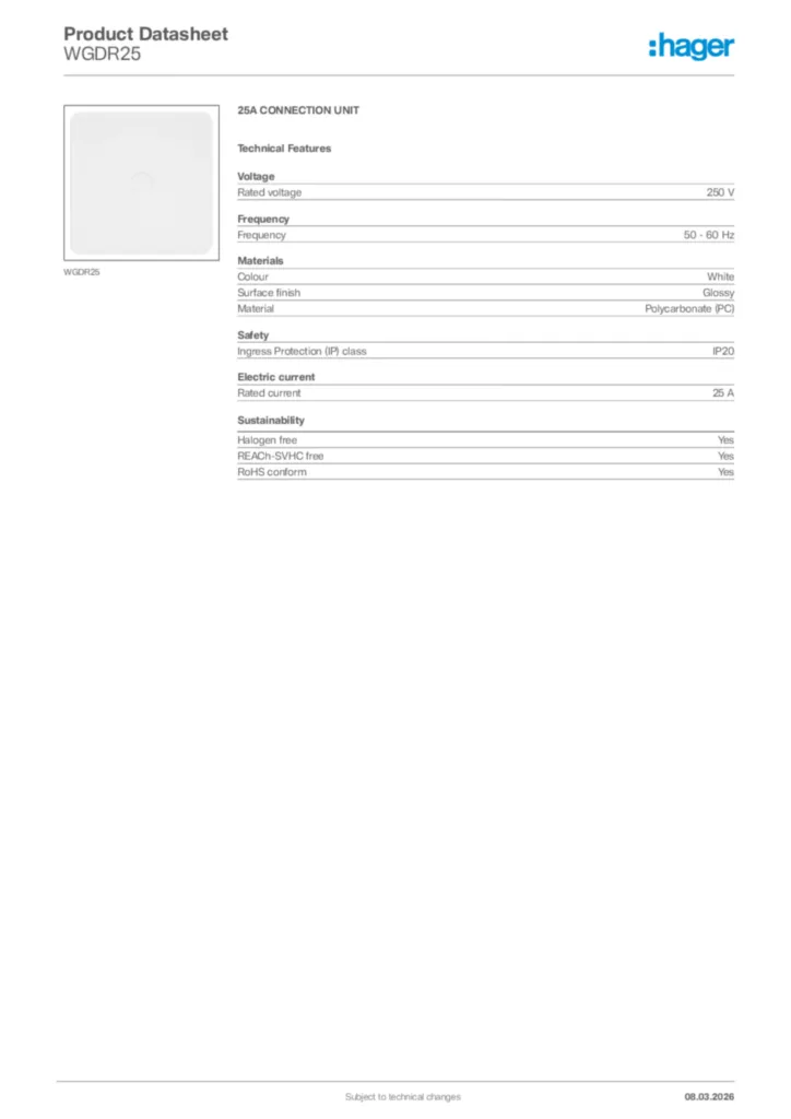 Image Hager Product data sheet WGDR25  | Hager