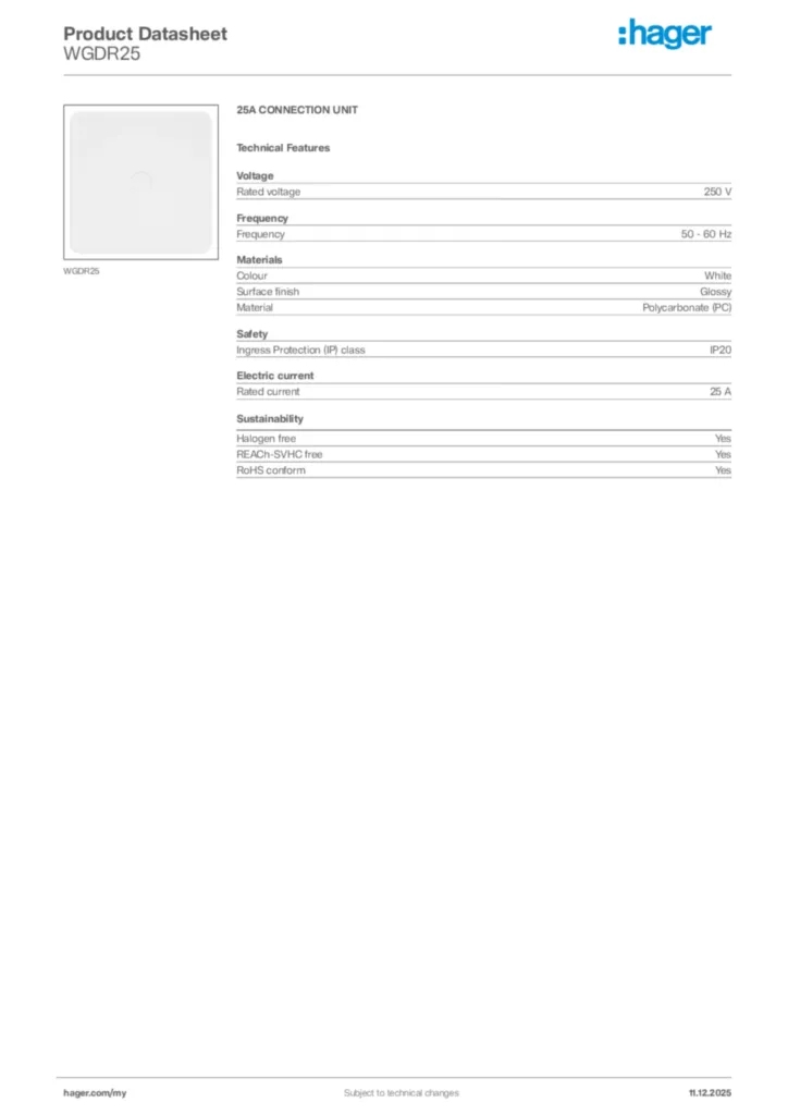 Image Hager Product data sheet WGDR25  | Hager