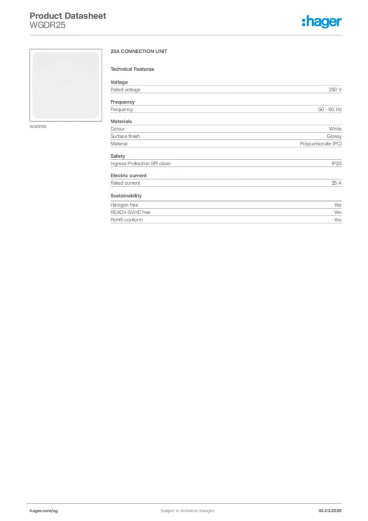 Image Hager Product data sheet WGDR25  | Hager