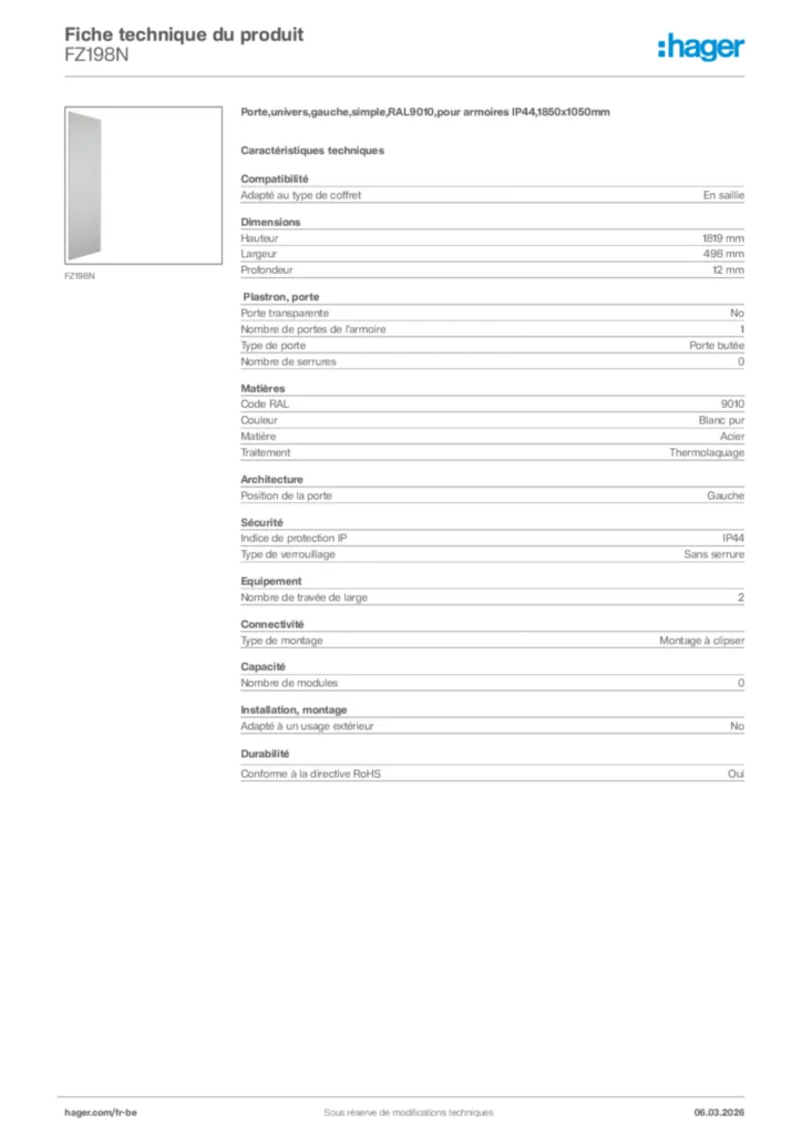 Image Hager Fiche technique du produit FZ198N | Hager Belgique