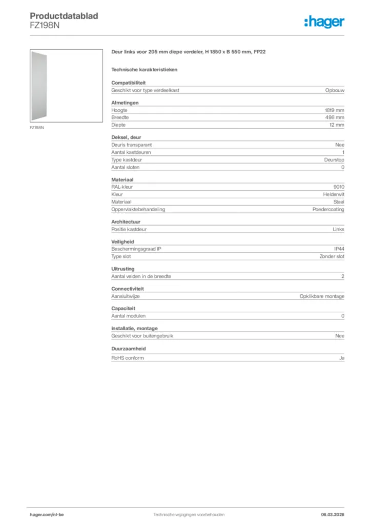 Afbeelding Hager Productdatablad FZ198N | Hager Belgium