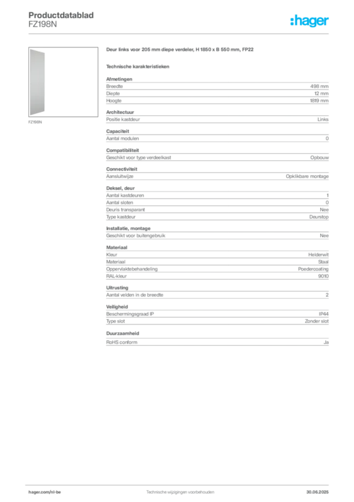 Afbeelding Hager Productdatablad FZ198N | Hager Belgium