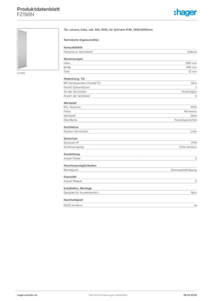 Bild Hager Produktdatenblatt FZ198N | Hager Schweiz